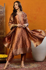 Brown Silk Blend Ethnic Motifs Woven Design Straight Suit Set