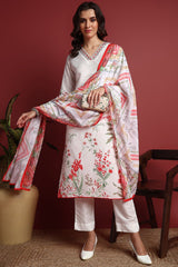 White Cotton Blend Floral Printed Straight Suit Set