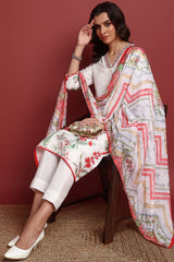 White Cotton Blend Floral Printed Straight Suit Set