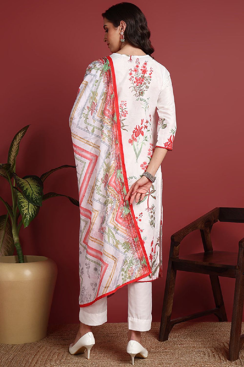 White Cotton Blend Floral Printed Straight Suit Set