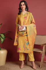 Mustard Silk Blend Floral Printed Straight Suit Set