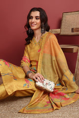 Mustard Silk Blend Floral Printed Straight Suit Set