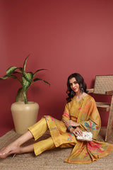 Mustard Silk Blend Floral Printed Straight Suit Set