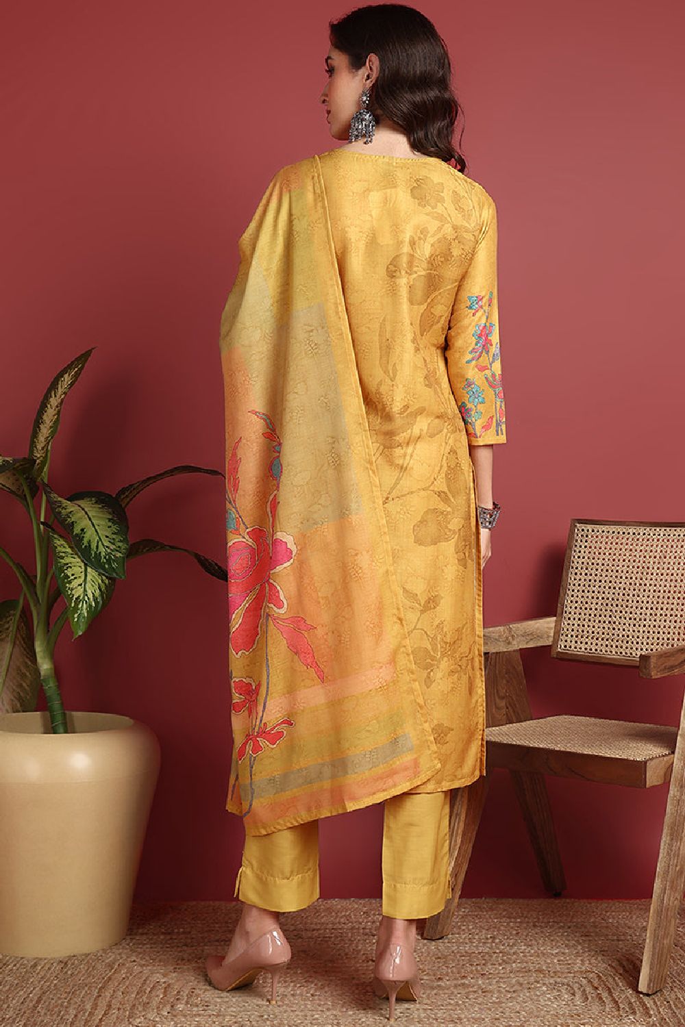 Mustard Silk Blend Floral Printed Straight Suit Set