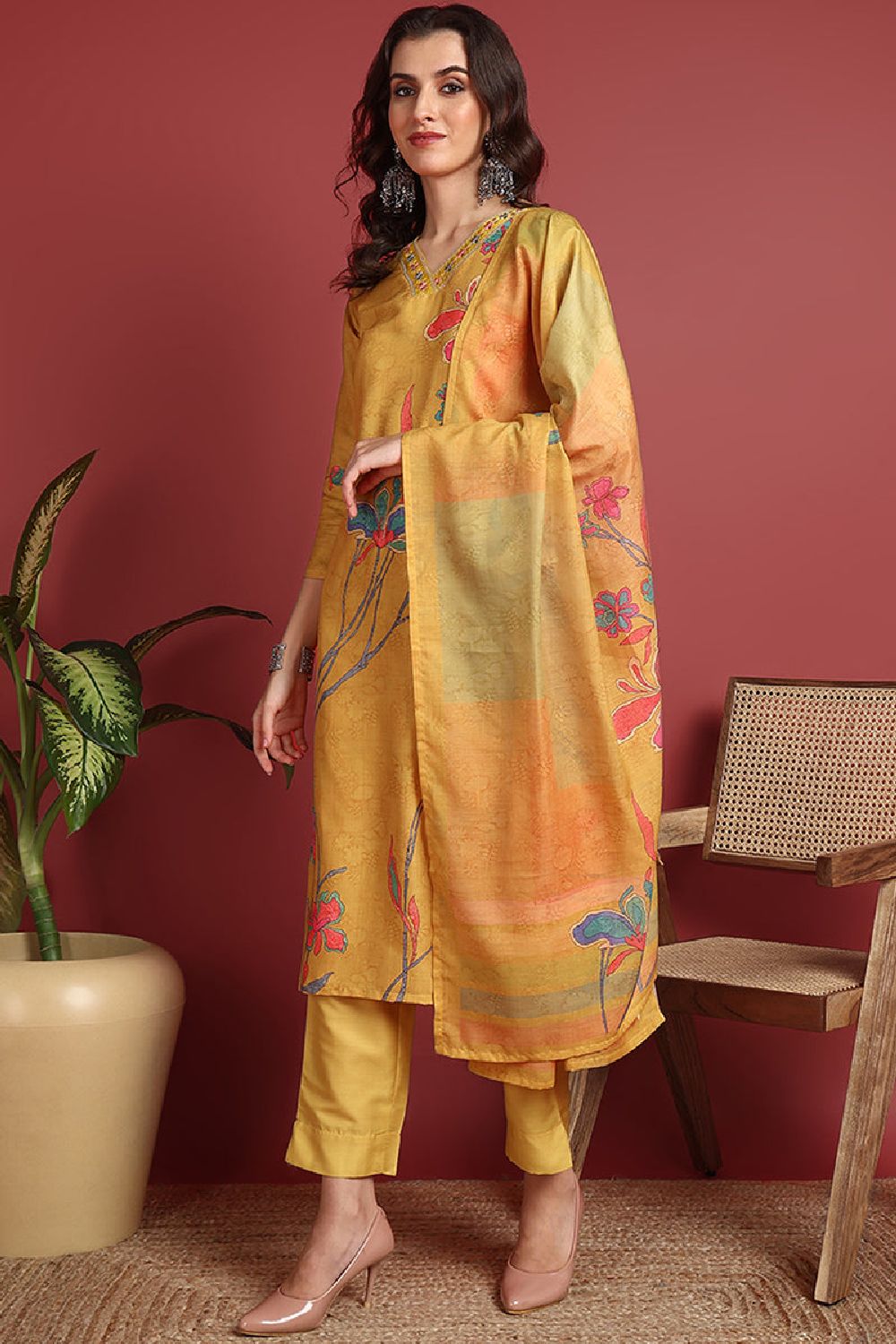 Mustard Silk Blend Floral Printed Straight Suit Set