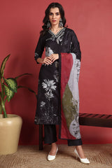 Black Silk Blend Floral Printed Straight Suit Set