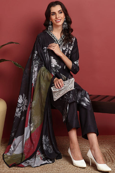 Black Silk Blend Floral Printed Straight Suit Set