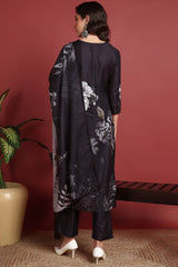 Black Silk Blend Floral Printed Straight Suit Set