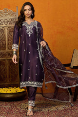 Purple Silk Blend Solid Embroidered Straight Suit Set