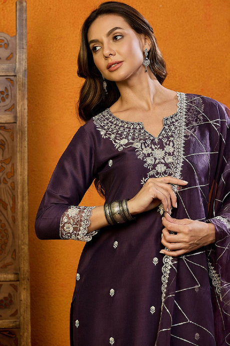 Purple Silk Blend Solid Embroidered Straight Suit Set