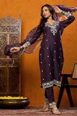 Purple Silk Blend Solid Embroidered Straight Suit Set