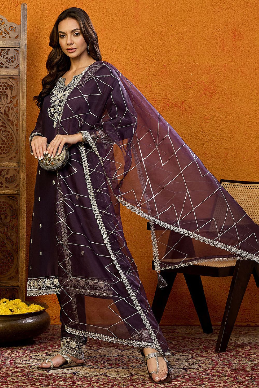 Purple Silk Blend Solid Embroidered Straight Suit Set