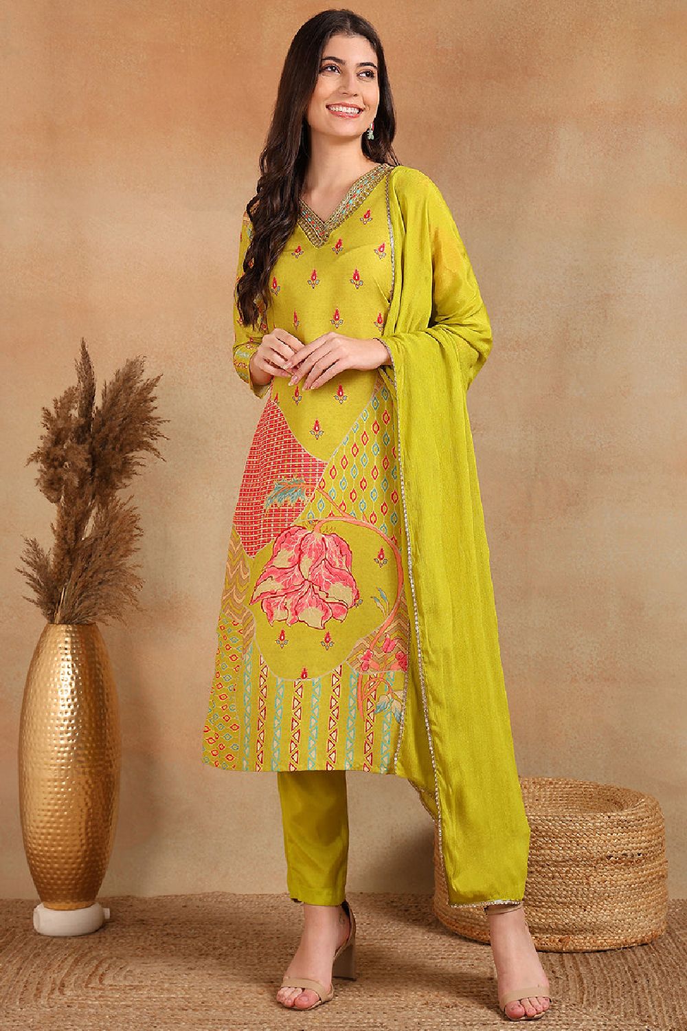 Green Silk Blend Ethnic Motifs Printed Straight Trouser Suit Set