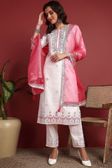 White Silk Blend Solid Embroidered Straight Suit Set