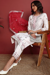 White Silk Blend Solid Embroidered Straight Suit Set