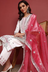 White Silk Blend Solid Embroidered Straight Suit Set