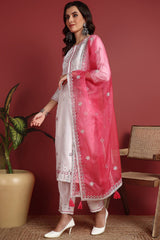 White Silk Blend Solid Embroidered Straight Suit Set