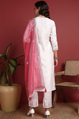 White Silk Blend Solid Embroidered Straight Suit Set