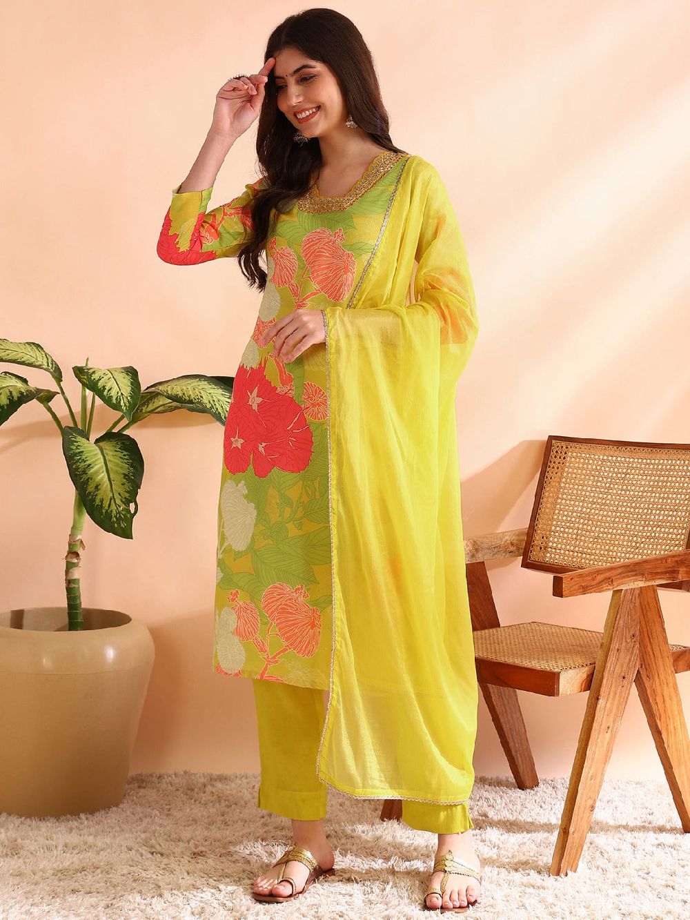 Yellow Rayon Blend Floral Printed Straight Kurta Trousers With Dupatta