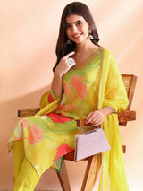 Yellow Rayon Blend Floral Printed Straight Kurta Trousers With Dupatta