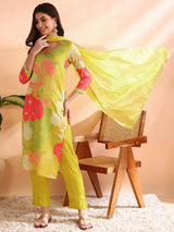 Yellow Rayon Blend Floral Printed Straight Kurta Trousers With Dupatta