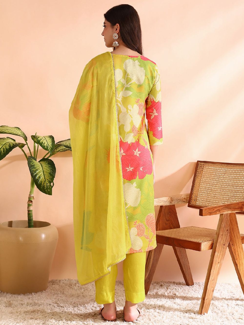 Yellow Rayon Blend Floral Printed Straight Kurta Trousers With Dupatta