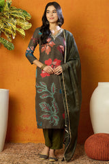 Olive Cotton Blend Floral Printed Straight Suit Set