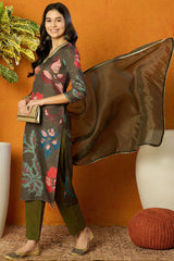 Olive Cotton Blend Floral Printed Straight Suit Set