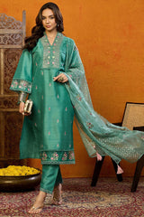 Teal Silk Blend Solid Embroidered Straight Suit Set