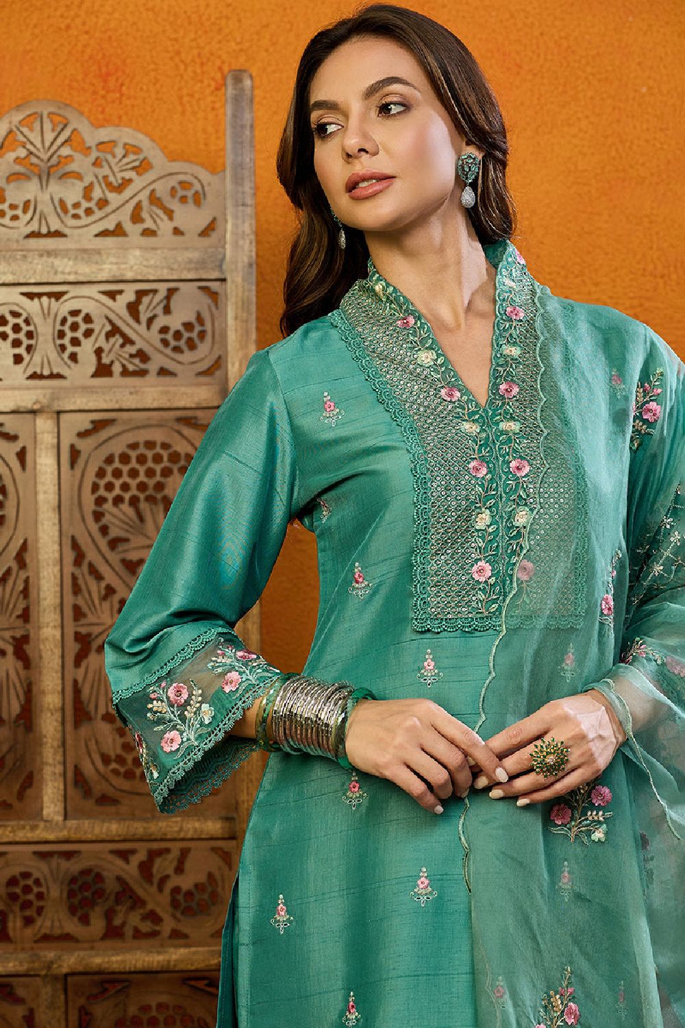 Teal Silk Blend Solid Embroidered Straight Suit Set