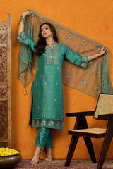 Teal Silk Blend Solid Embroidered Straight Suit Set