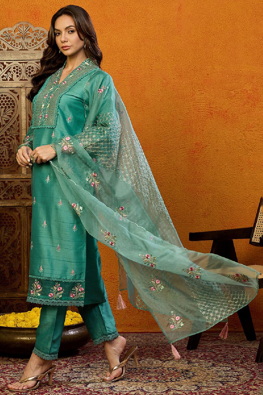 Teal Silk Blend Solid Embroidered Straight Suit Set