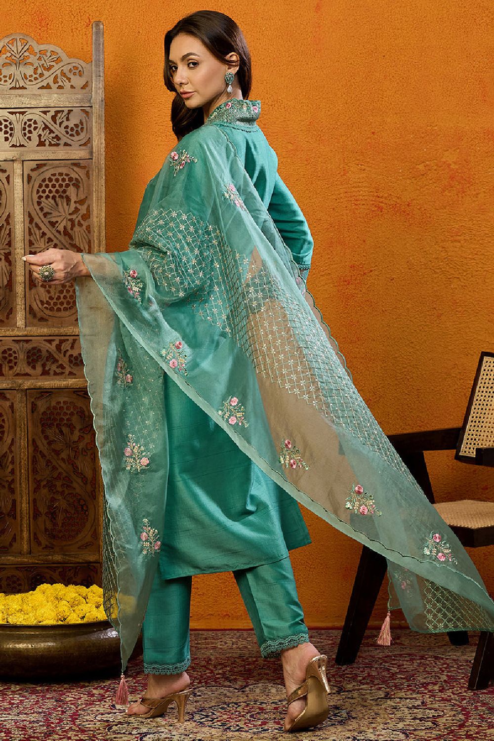 Teal Silk Blend Solid Embroidered Straight Suit Set