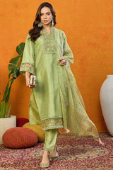 Green Silk Blend Solid Embroidered Straight Suit Set