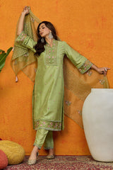 Green Silk Blend Solid Embroidered Straight Suit Set