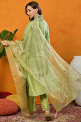 Green Silk Blend Solid Embroidered Straight Suit Set