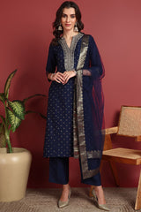 Blue Silk Blend Woven Design Printed Straight Suit Set