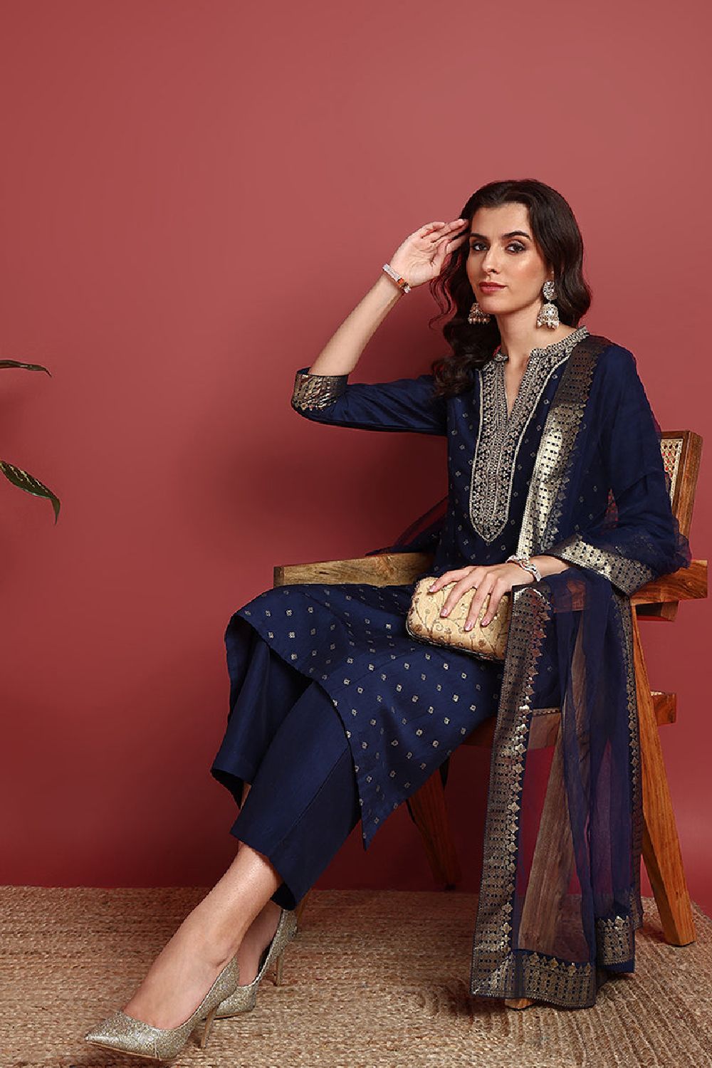 Blue Silk Blend Woven Design Printed Straight Suit Set