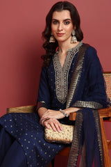 Blue Silk Blend Woven Design Printed Straight Suit Set