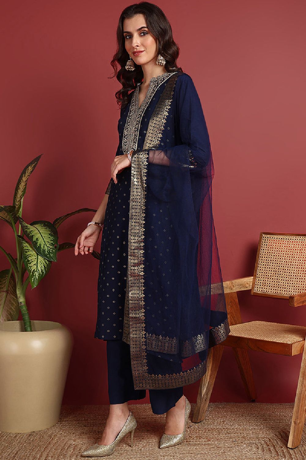 Blue Silk Blend Woven Design Printed Straight Suit Set