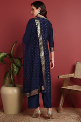 Blue Silk Blend Woven Design Printed Straight Suit Set