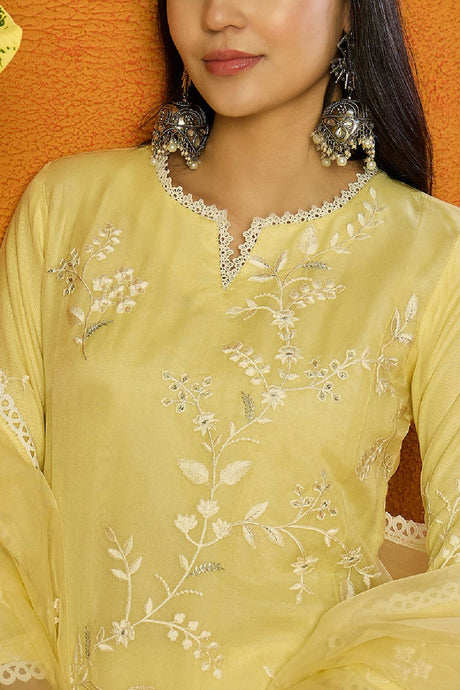 Yellow Organza Solid Embroidered A Line Dhoti Bottom Suit Set