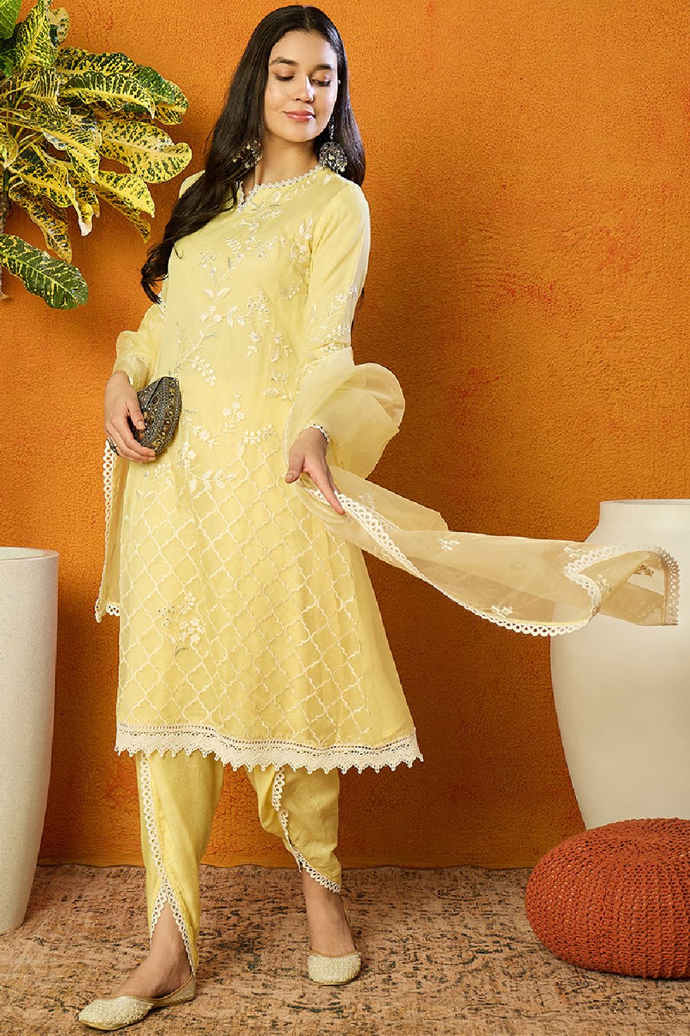 Yellow Organza Solid Embroidered A Line Dhoti Bottom Suit Set