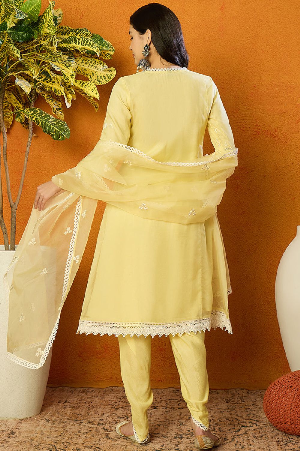 Yellow Organza Solid Embroidered A Line Dhoti Bottom Suit Set