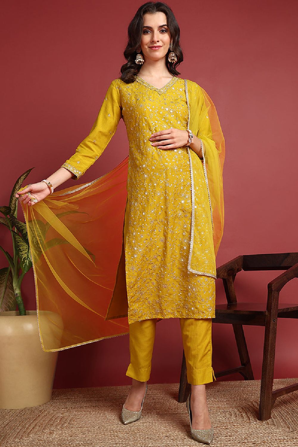 Mustard Silk Blend Solid Embroidered Straight Suit Set