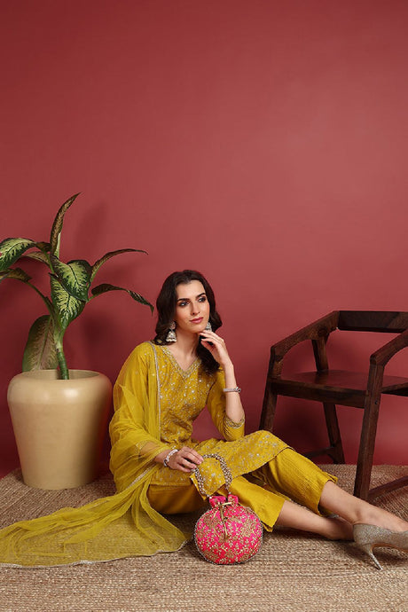 Mustard Silk Blend Solid Embroidered Straight Suit Set