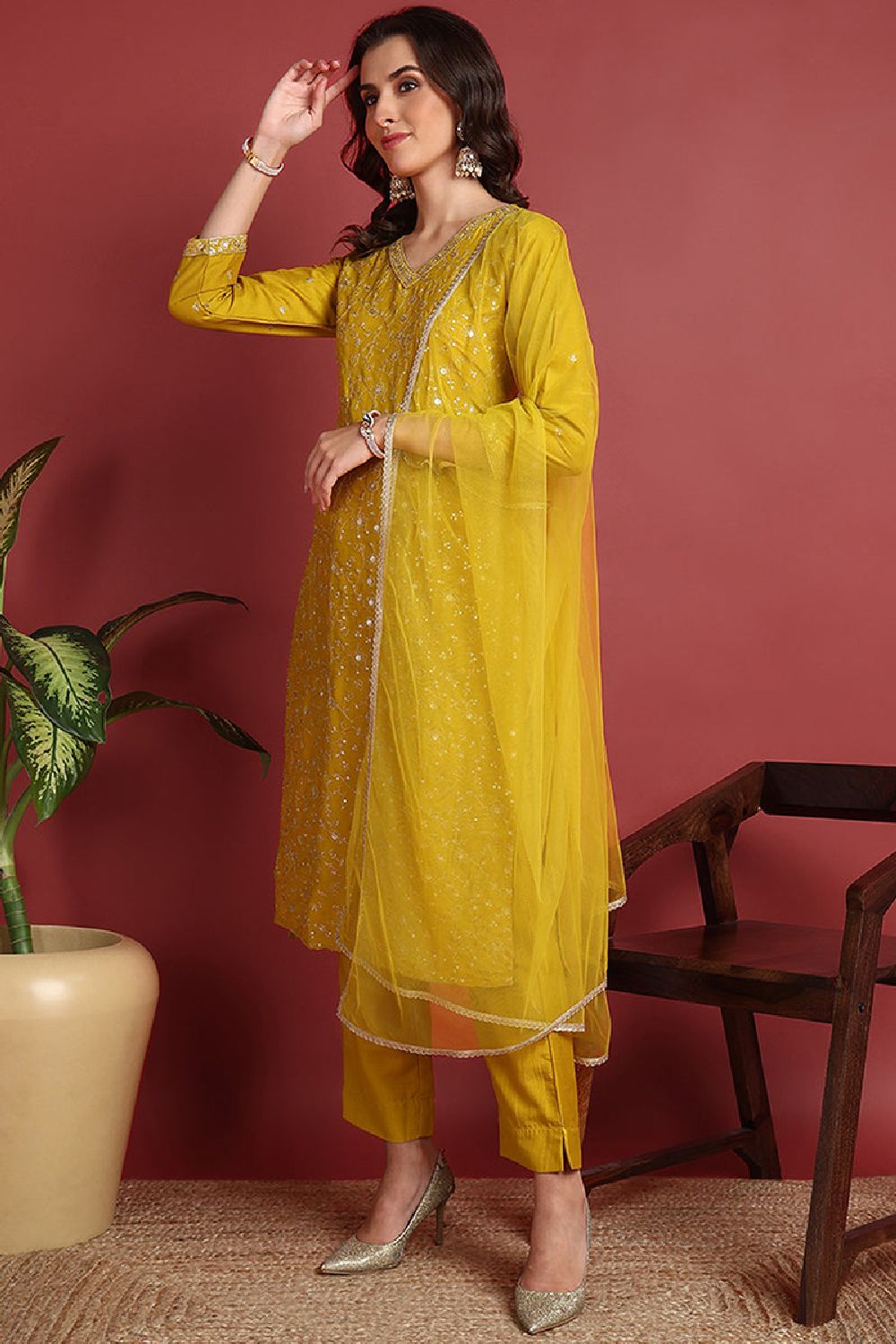 Mustard Silk Blend Solid Embroidered Straight Suit Set