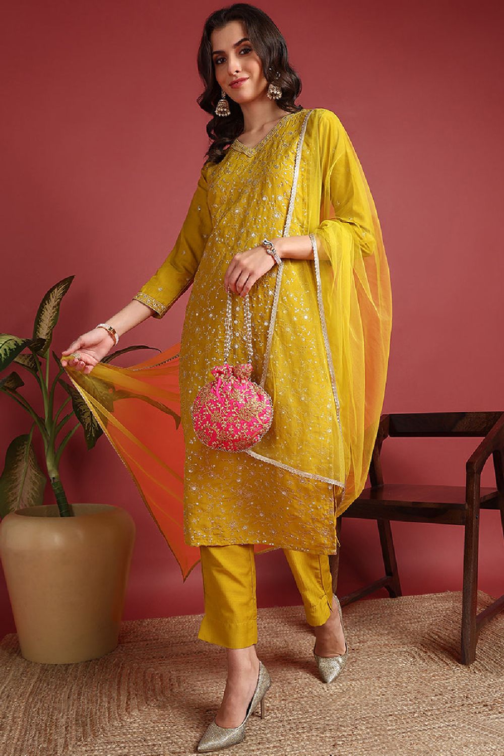 Mustard Silk Blend Solid Embroidered Straight Suit Set