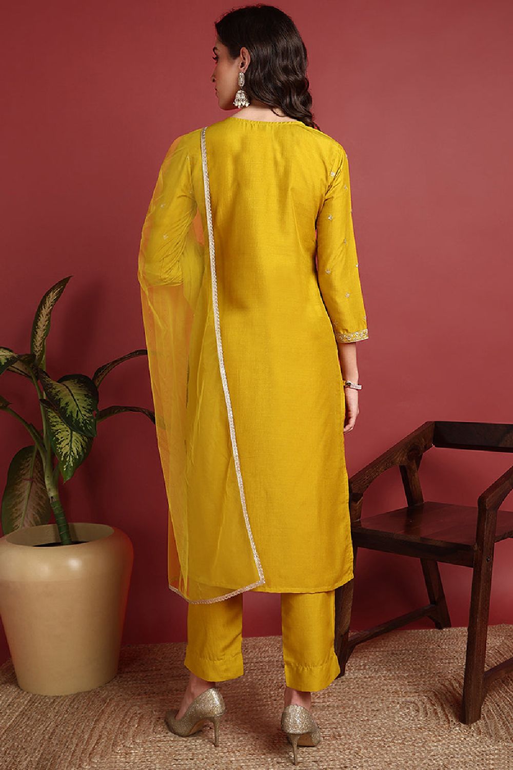 Mustard Silk Blend Solid Embroidered Straight Suit Set