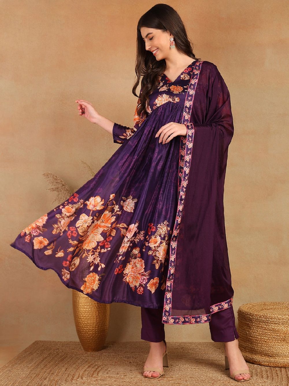 Purple Silk Blend Floral Printed Straight Kurti Pant With Dupatta